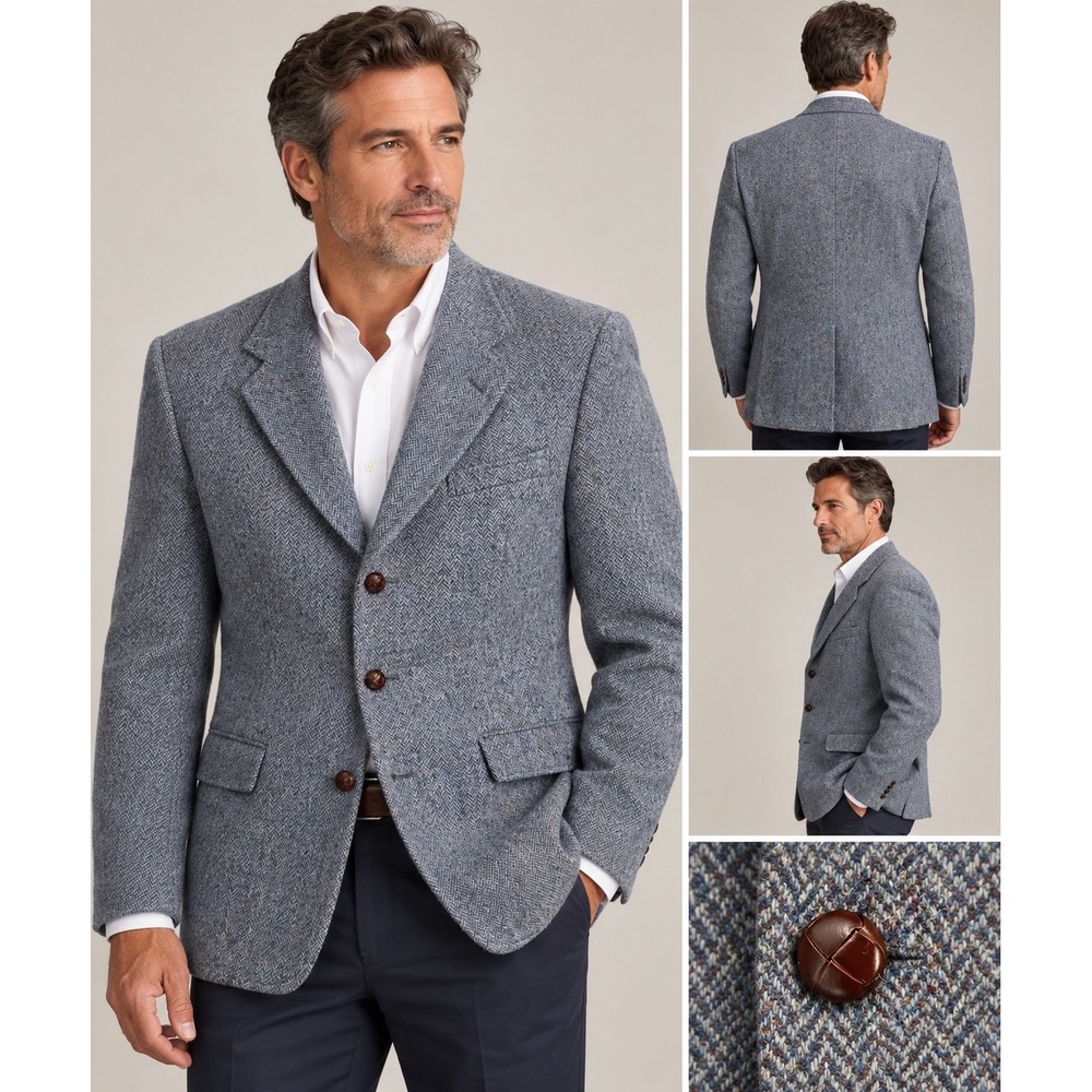 Orvis Harris Tweed Blue Herringbone Wool Blazer Jacket 3 Button Mens USA Made